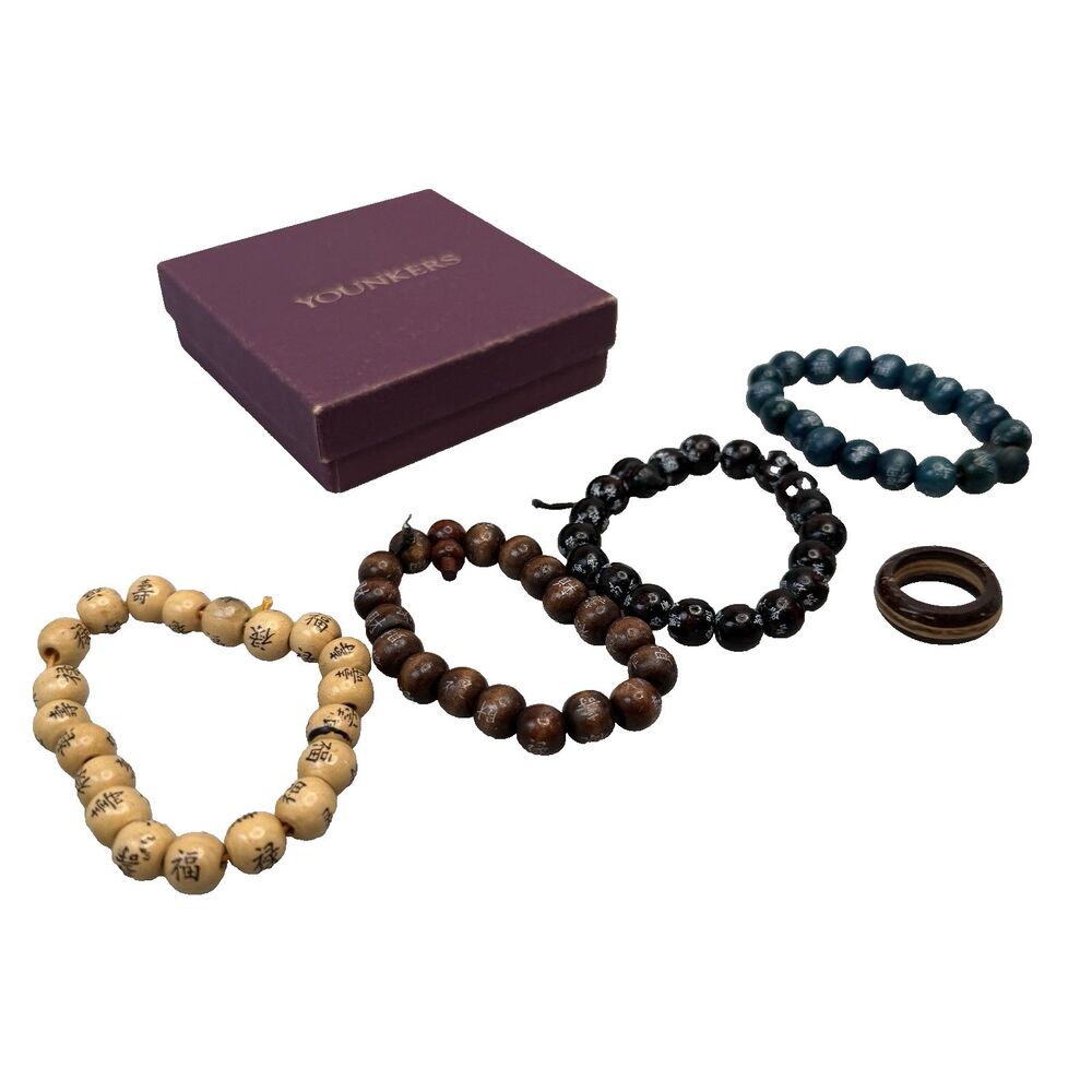 Yonkers Wood Natural Wood Round Bead Stretch Bracelets Set 4 Ring Sz 7 EUC